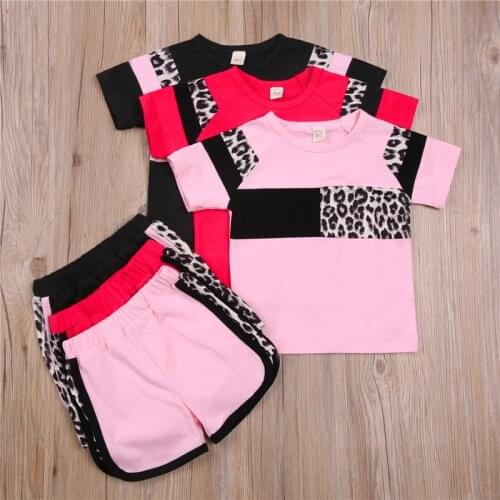 2021 Fashion Children Toddler Baby Girls Clothes Sets Leopard Patchwork Short Sleeve Tops Shorts 2pcs Sports Outfit Summer Set