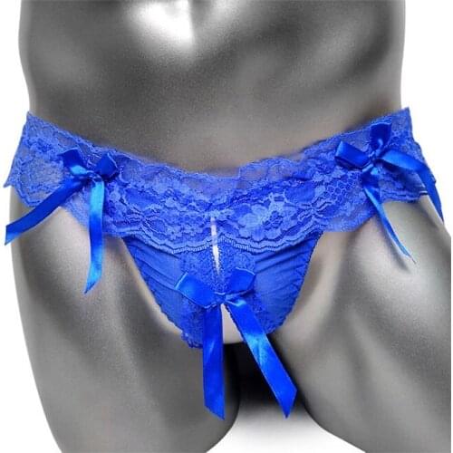 Wetlook Lace Sissy Panties Sexy Lingerie with Bowknot Gay Male Thong Openning Crotch Ruffles Lace Underwear See Thru Mens Thong