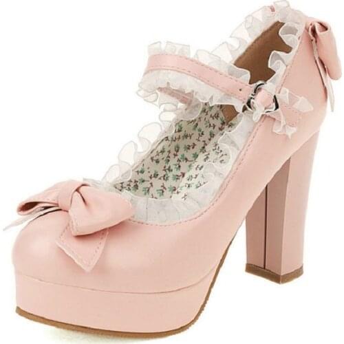 IPPEUM Womens Pumps Shoes Lolita Mary Janes Shoes Princess Pink Ankle Strap Bowtie Strawberry Ruffles Wedding Cosplay