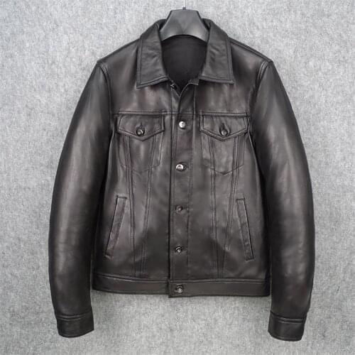 YR!Free shipping.Summer sale.short quality natural sheepskin coat.black soft genuine leather coat.slim skull leather cloth