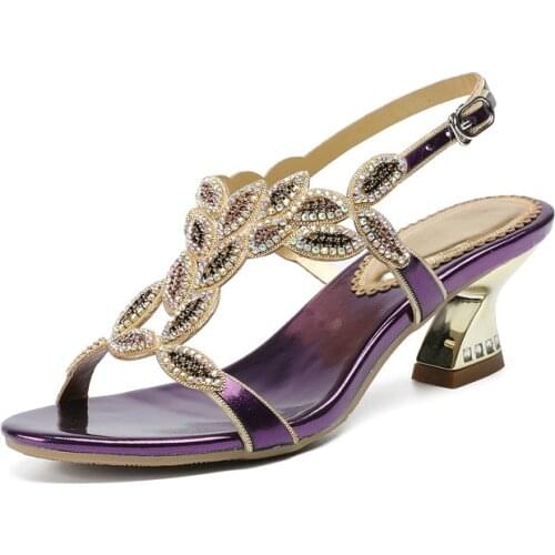 2019 Summer Korean Fashion High Heels Sandal Buckle Womens Rhinestones Sandals Shoes Purple 6cm