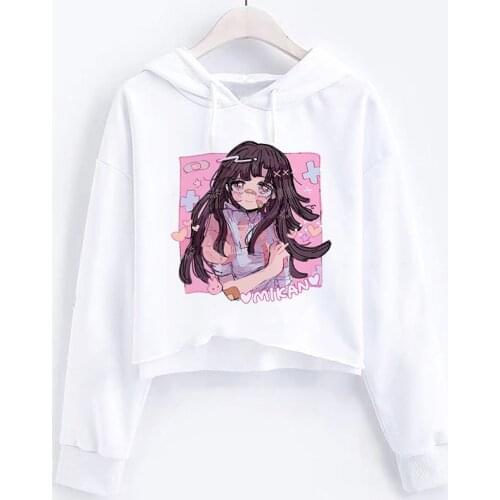 Japanese Anime Aesthetic Women Hoodies with Pockets Punk Vintage Casual Hoodies Cropped Pullovers Harajuku E-girl Sweatshirts