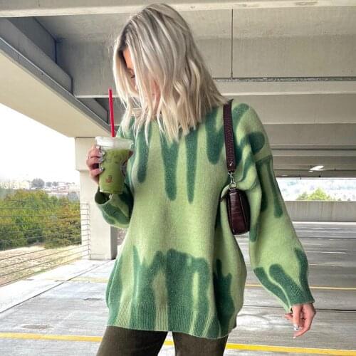 Casual Green Print O Neck Long Sleeve Women Sweater Striped White Loose Female Pullovers Autumn Winter Streetwear Fashion Tops