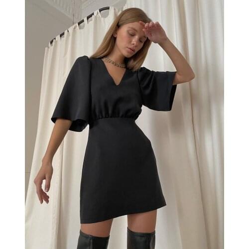 Women Office Lady Puff Sleeve Black Party Dress Half Sleeve Sexy Deep V neck Solid A-line Mini Dress 2021 Summe Fashion Dress