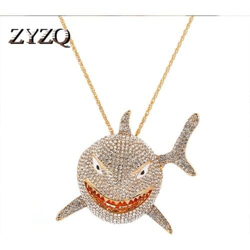 ZYZQ Neo-Gothic Exaggerated Crystal Large Shark Pendant Necklace For Women&men Retro Torque Halloween Jewellery Gift