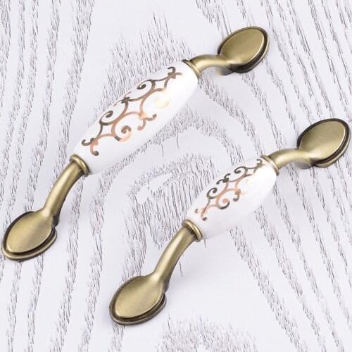 5pcs Antique Door Handles Metal & white Ceramic Drawer Pulls Vintage Floral Kitchen Cabinet Handles and Knobs Furniture Handles