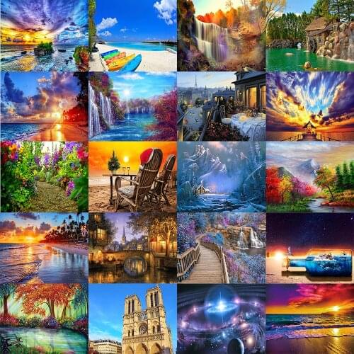 5D diamond painting full diamond landscape beach flower tree building spot round diamond mosaic pattern home decoration DIY hand