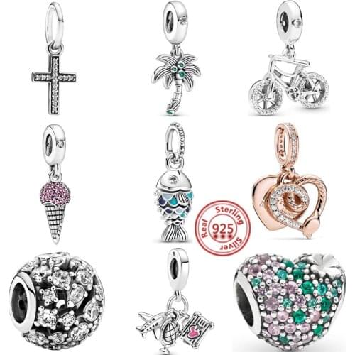 Hot Sale 925 Sterling Silver Summer Fish Coconut tree Travel Charms Beads Fit Original Pandora Bracelet Bangle Jewelry Making