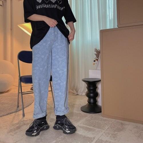 Retro cashew flower wear jeans Female Minority personality design loose straight casual fashion