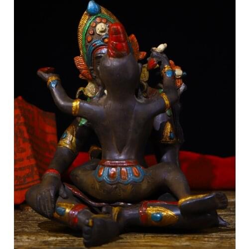 8"Tibet Temple Collection Old Bronze Tracing Happy Buddha Yab-Yum Sitting Buddha Town House Exorcism Ward off evil spirits