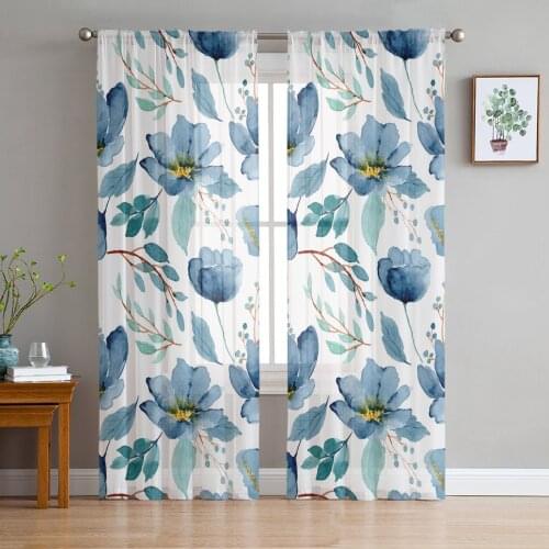 Summer Watercolor Flowers Tulle Sheer Window Curtains for Living Room Kitchen Children Bedroom Voile Hanging Curtain