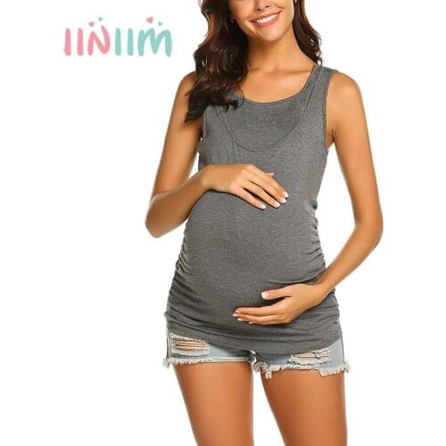 Iiniim Maternity Tank Top Summer Nursing Breastfeeding Convenient Clothing Sleeveless Solid Color Vest Casual Loose Tops