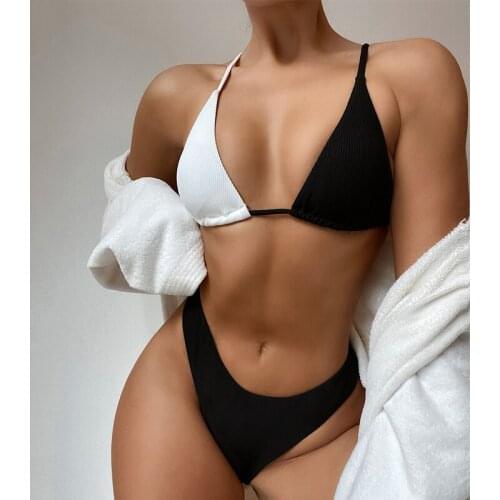 Mossha Sexy triangle micro bikini set Patchwork ribbed swimsuit women High cut swimwear String bathing suit Swimming Biquini new