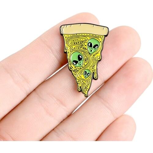 Cartoon delicious pizza shape enamel brooch Alien UFO interesting food badge Special gift for children Denim leather pin