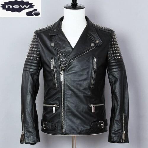 2021 Fashion Punk Style Metal Rivet Motorcycle Men Cowskin Genuine Leather Jacket Black Slim Turn-down Collar Biker Coat