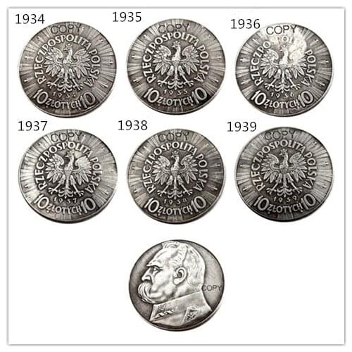 A set of(1934-1939) 6pcs Poland 10 Zlotych Silver Plated Copy Coin