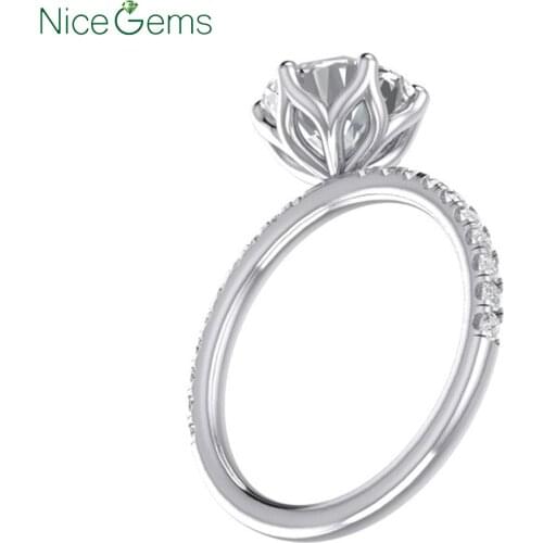 NiceGems 14K White Gold Center 1Carat 6.5mm DF Color Flower Moissanite 6 prong Set with Accents Engagement Ring for Women