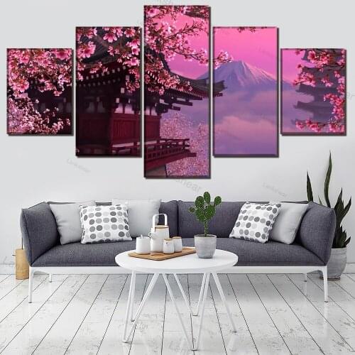 Wall Art One Set Canvas Print 5 Pieces Snow Mountain Cherry Poster Home Decorative Modern Living Room Modular Picture Frameless