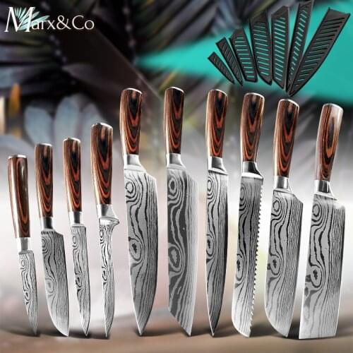 Kitchen Knife 1-9 Pcs Set Chef Knives 440C High Carbon Stainless Steel Damascus Drawing Utility Slicing Santoku Japanese Cleaver