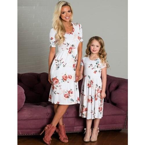 Summer Short Sleeve Floral Print Knee Dress For Mom Daughter Mommy And Me Dresses Family Matching Mother Daughter Dresses