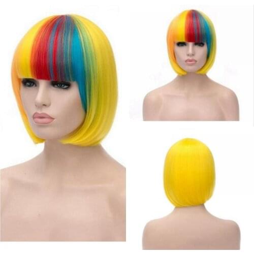 JOY&BEAUTY Straight multicolor Synthetic Wigs With Bangs For Women Medium Length Hair Bob Wig Heat Resistant Cosplay wigs