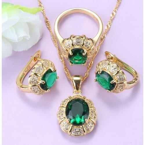 Wedding Jewelry Sets African Women Green Necklace Cubic Zirconia Clip Earrings Pendant And Ring Gold-Color Jewelry