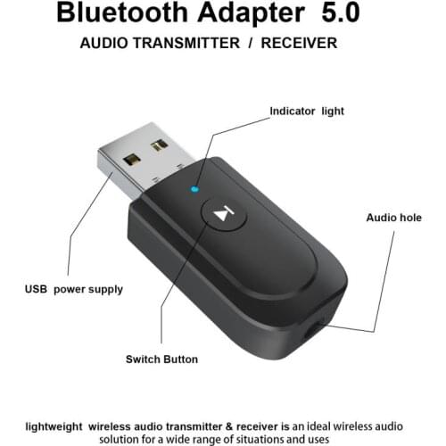 USB Bluetooth 5.0 Adapter 3.5mm AUX BT Audio Receiver Transmitter For Car TV Speaker 3 In 1 Bluetooth Adapter Support Dropship