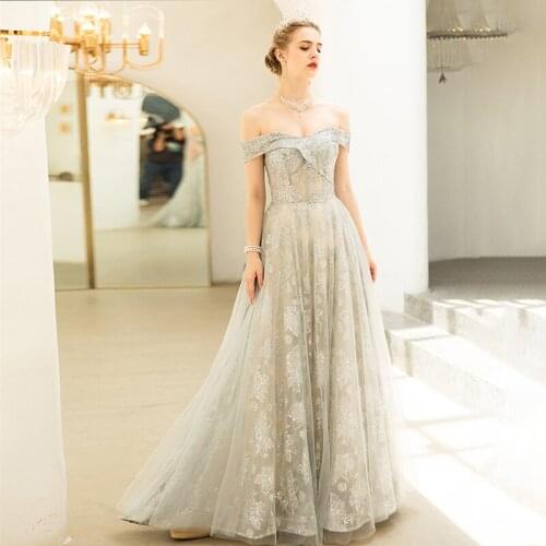 Evening Dresses Illusion V-Neck Short Backless Sequined Off The Shoulder Tulle Lace Luxury Silver Women Formal Party Gown TS082