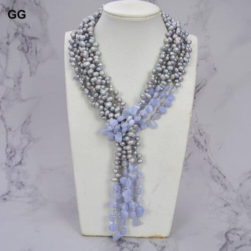 GuaiGuai Jewelry 49" 3 Strands Natural Gray Pearl Blue Chalcedony Agate Long Necklace