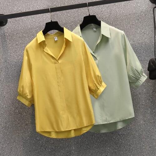 Yellow Green Chiffon Short Sleeved Plus Size Oversized Korean Fashion Summer WomenS Clothing Vintage Shirts Blouses Top 2021