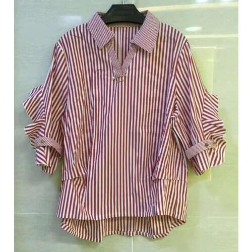 2021 Autumn Fashion Striped Blouse High Qulaity Women Turn-down Collar Stripe Print 3/4 Sleeve Casual Red Blue Cotton Shirt