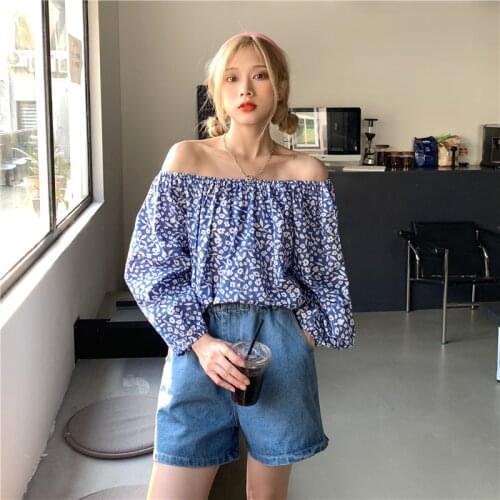 Printed Summer Blouse Latest Korean Version of O-neck Open Back Puff Sleeve Striped Shirt Top Women 2021
