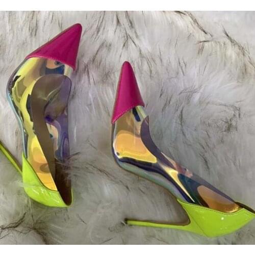 Moraima Snc Pointed Toe Mixed Colors High Heel Shoes Sexy Transparent Colorful PVC Woman Shoe 12cm Night Club Stiletto Heels