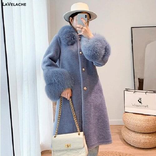 LaVelache New Cashmere Coat Women Wool Blends Long Real Fox Fur Coat Winter Jacket Natural Fox Fur Collar Outerwear Streetwear