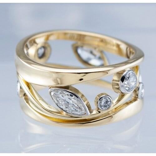 Huitan Luxury Gold Color Women Wedding Ring Hollowed Band with Round/Marquise Crystal Zircon Stone Elegant Fashion Rings Jewelry