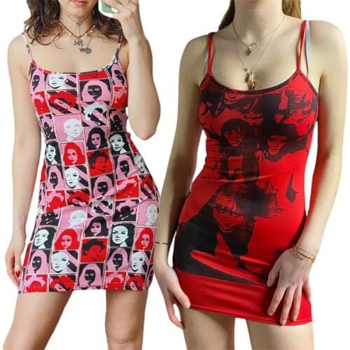 CHRONSTYLE Graphic Print Cami Dress Harajuku Streetwear Vintage Women Sleeveless Spaghetti Strap Bodycon Dress Punk Style Gothic
