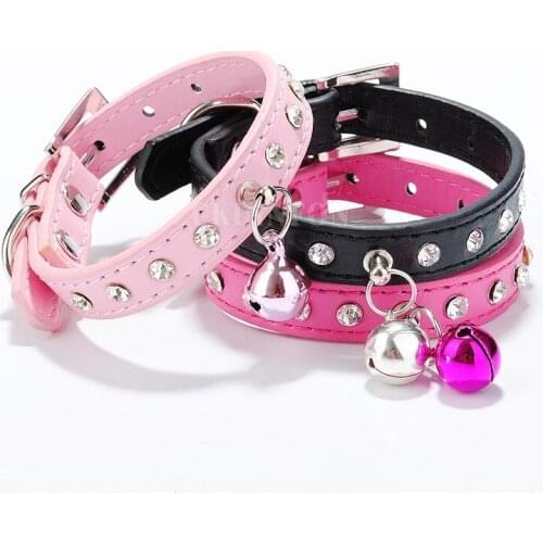 100Pcs/Lot Pet Dog PU Leather Rhinestone Necklace Neck Strap Puppy Buckle Bell Collar CP006-1