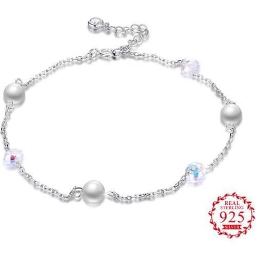 100% 925 Sterling Silver Super Speaking Beautiful Cubic Zirconia+White Pearl Anklet For Women Girlfriend Crystal Jewelry