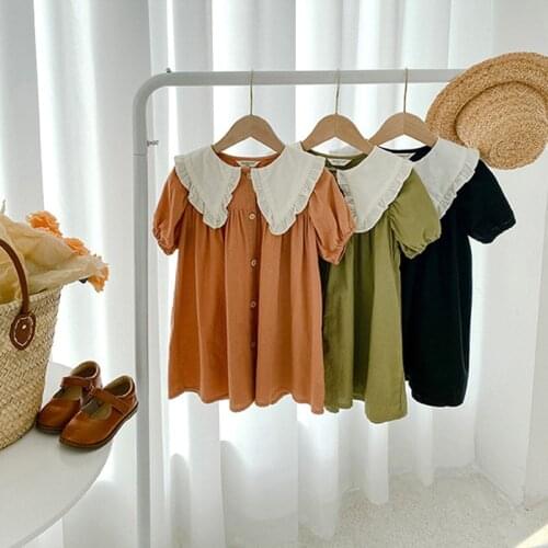 2021 Summer Girls Dress Short Sleeve Big Lapel Solid Cute Kids Princess Dress Vestidos 80-140CM DT410