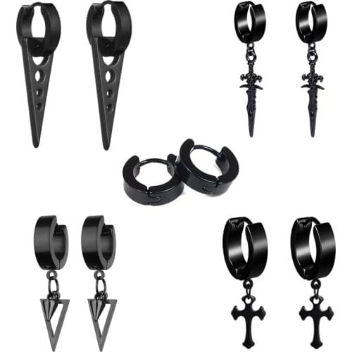 2021 Punk Gothic Black Hoop Earrings Men Jewelery Stainless Steel Street Hip Hop Earrings for Women Piercing Earrings Set