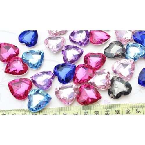 300pcs 25mm big 3D Acrylic Crystal Bling Faceted Heart Cabochons cab mixed color glitter point back sparkle stone