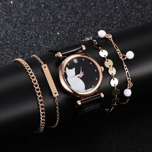 5pcs/set Luxury Women Watches Cat Pattern Watch Bracelet Set Quartz Wristwatch Magnet Ladies Watches Female Clock dropshipping