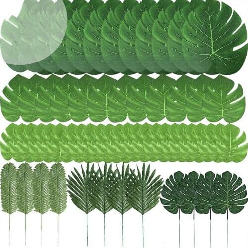 60 Pcs 6 Kinds Artificial Palm Leaves Tropical Plant Leaves Faux Monstera Leaves Stems for Hawaiian Luau Party Decorations, Jung