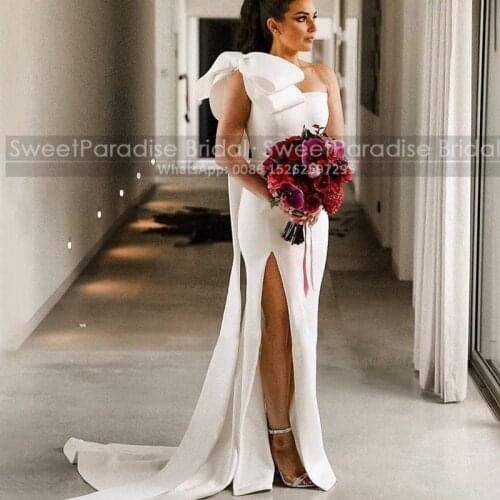 White Mermaid Bridesmaid Dresses With Bow Streamer One Shoulder Real Pictures Side Split Long Wedding Party Dress Maid Of Honor
