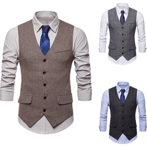 Men Sleeveless V Neck Skin-friendly Single-breasted Herringbone Gilet Business Suit Waistcoat Easy to match with shirts