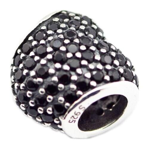CKK 925 Sterling Silver Jewelry Black Pave Heart Original Charms Beads Fits Bracelets For Jewelry Making
