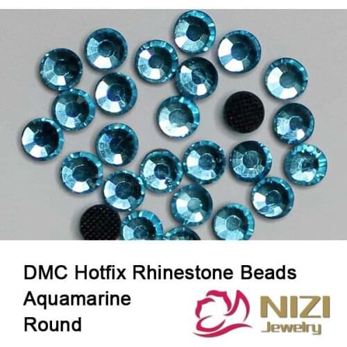 DMC Hotfix Rhinestones Aquamarine Flatback Round Glue Backing Iron On Glass Strass Stones For Garment Accessories Many Sizes