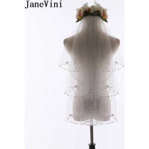 JaneVini Ivory Short Wedding Veils with Combs Beaded Pearl 2 Layer Bridal Veil Hair Wedding Tulle Bride to be Accessories 2019