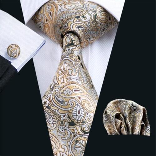 FA-271 Gents Necktie Yellow Paisley 100% Silk Jacquard Tie Hanky Cufflinks Set Business Wedding Party Ties For Men Free Shipping