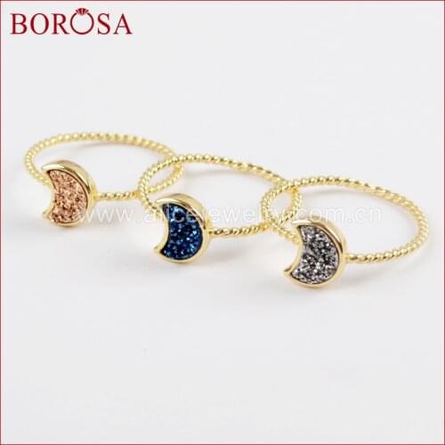 BOROSA Fashion 10PCS Gold Color Moon Shape Druzy Rings, Mixed Colors Natural Titanium Drusy Bezel Ring Gems Jewelry ZG0295